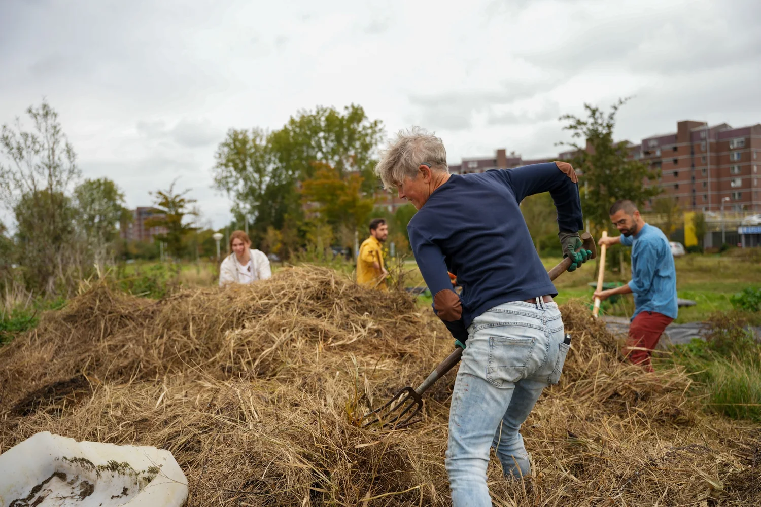 parkmanagement vrijwilligers werken met hooi